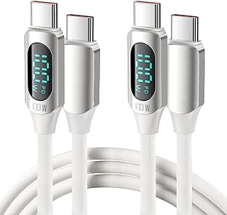 USB C to USB C Cable [2Pack], 100W USB C Charge Cable Fast Charging Type C Charge Cable with LED Display, Type C to Type C - Silicone (2M-6.6FT, White)