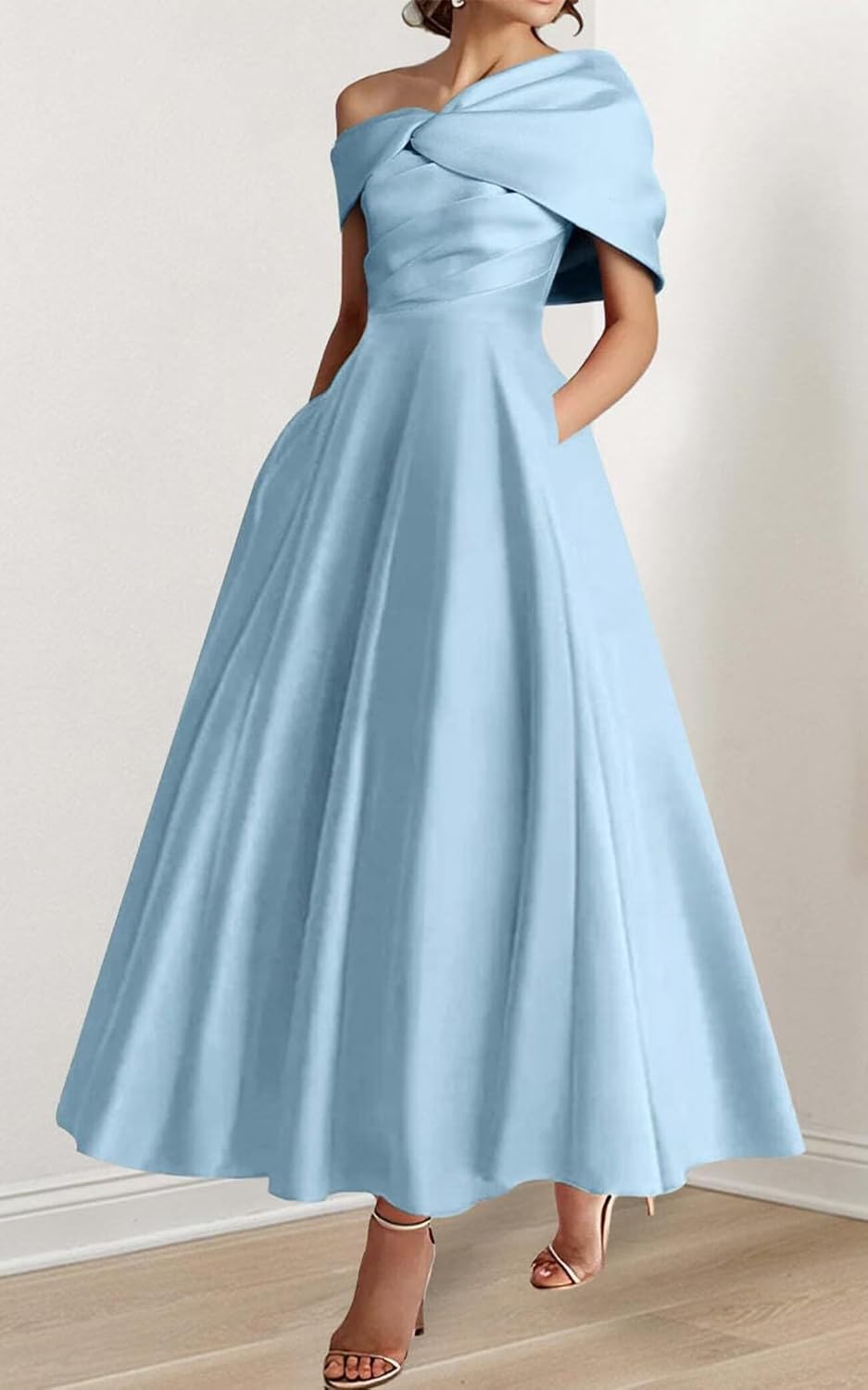 One Shoulder Satin Mother of The Bride Dresses A-Line Pleated Tea Length Wedding Guest Dress with Bow