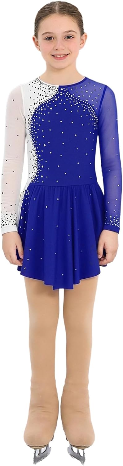 Kids Girls Figure Skating Dress Rhinestone Dance Outfit with Ice Skate Tights Footed Cover The Boots
