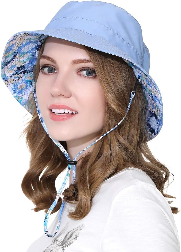 LLmowayWomen Bucket Hat Packable Cotton Reversible Sun Hat with Detachable Cord