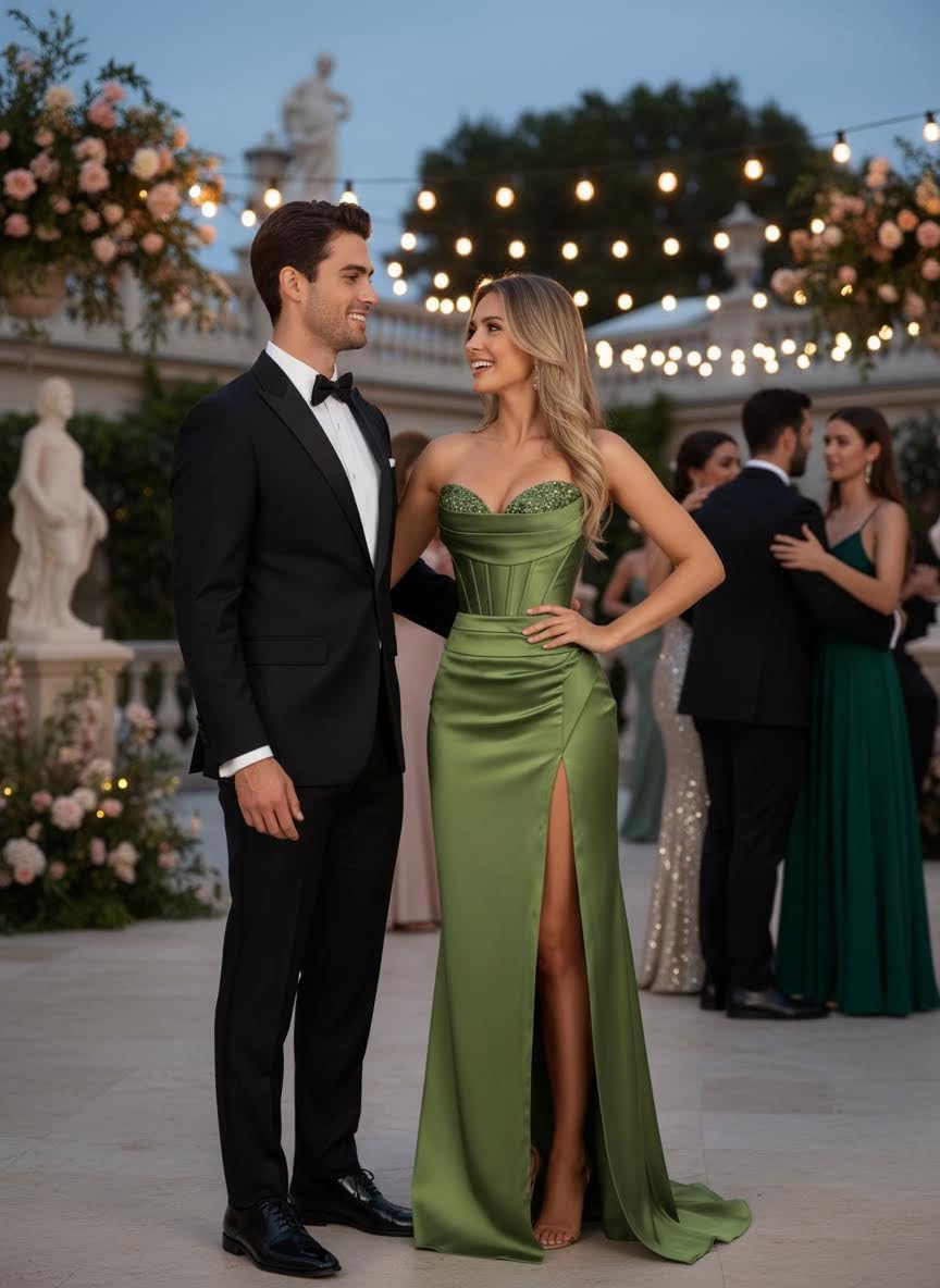 Sequin Strapless Prom Dresses with Slit Long for Women Satin Sweetheart Mermaid Formal Party Evening Dress