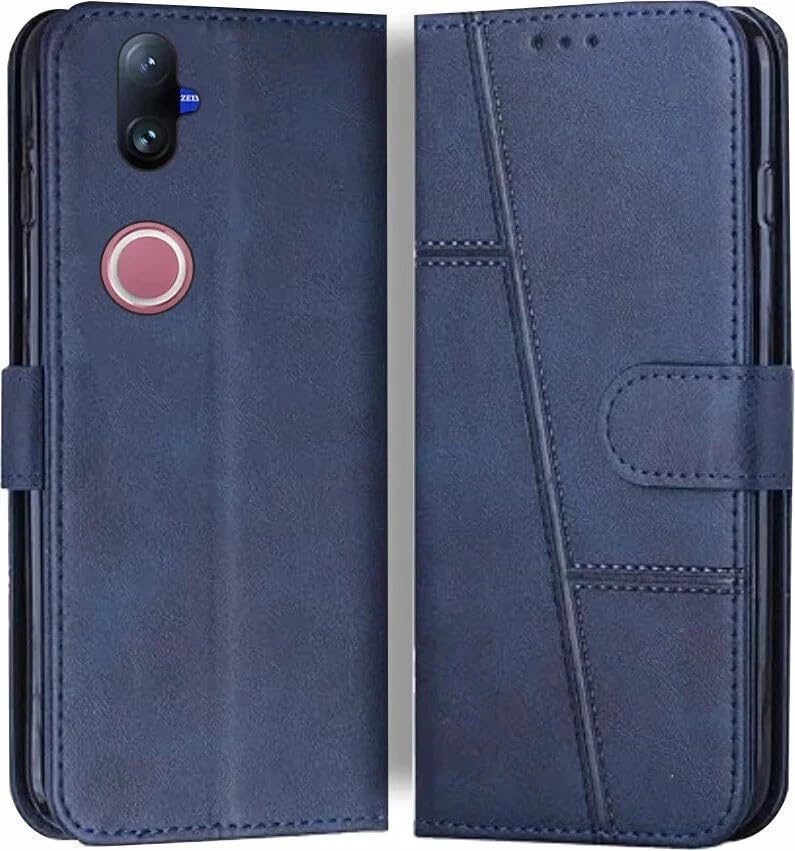 Image of for Vivo V50E 5G Flip Cover Leather Finish | Inside TPU with Card Pockets | Wallet Stand | Complete Protection Flip Case Blue
