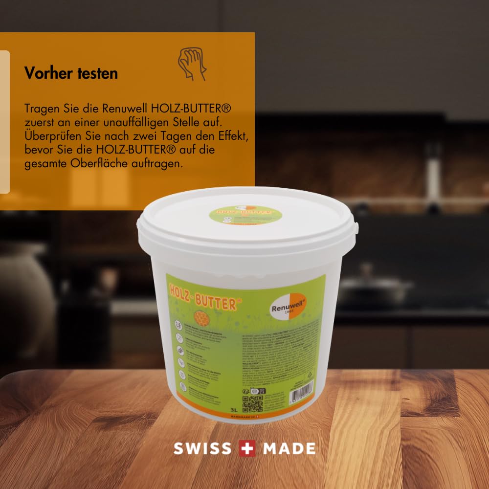 Renuwell Holz Butter, 3 Liter – Intensiv-Pflege für alle Holzarten, Möbelpflege 100% natürliche Inhaltsstoffe, Lebensmittelecht, hochwertiger Holzbalsam mit Bienenwachs, Schweizer Qualität