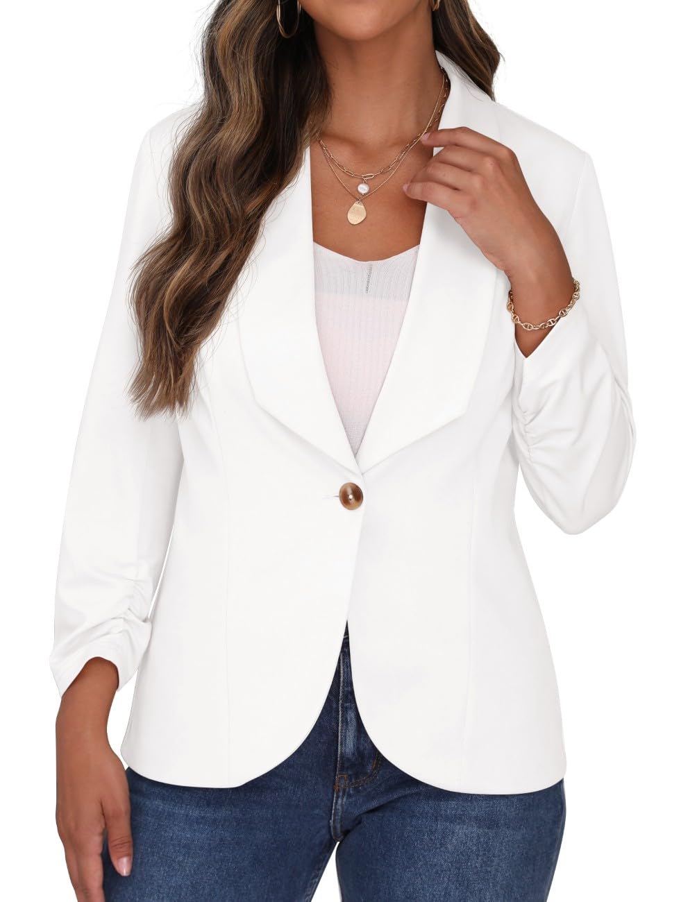 PrinStory Blazer da donna con colletto a risvolto 3/4 maniche increspate giacca con un bottone cardigan corto blazer da ufficio abbigliamento casual