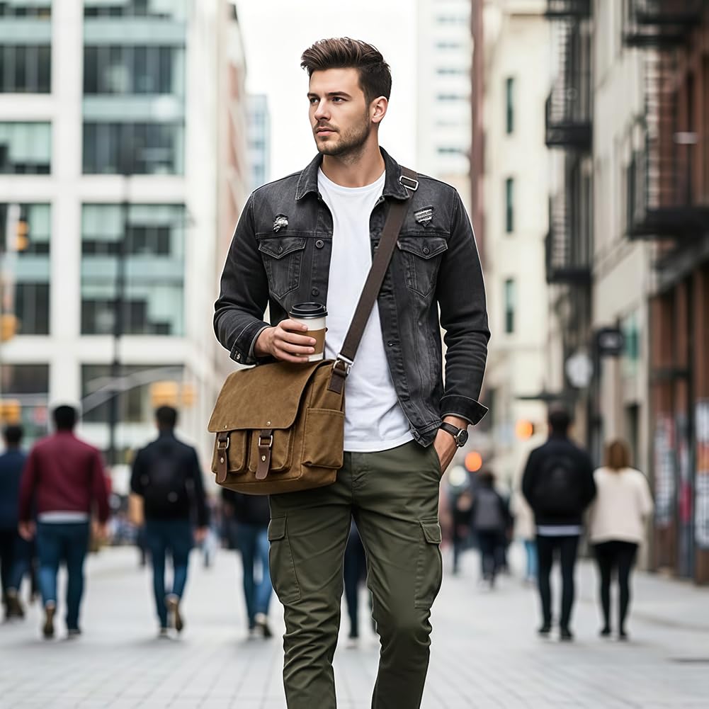 flintronic Bolsa de Mensajero, Bolso de Hombro de Lona, Bolso de Bandolera de 14 Pulgadas para Hombres Mujeres, Bolsa Multibolsillos con Bandolera Ajustable para Viajes, Ciclismo, Trabajo, Deportes