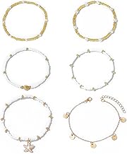 AHEJIOO 6 Stück Muschelkette, Fußkettchen Für Damen, Fussketten Für Frauen, Boho Perlen Verstellbares Fußkettchen, Fußkette Damen, Hawaii Strand Muschel Perlen Herz Seestern Kamm Fuß Schmuck