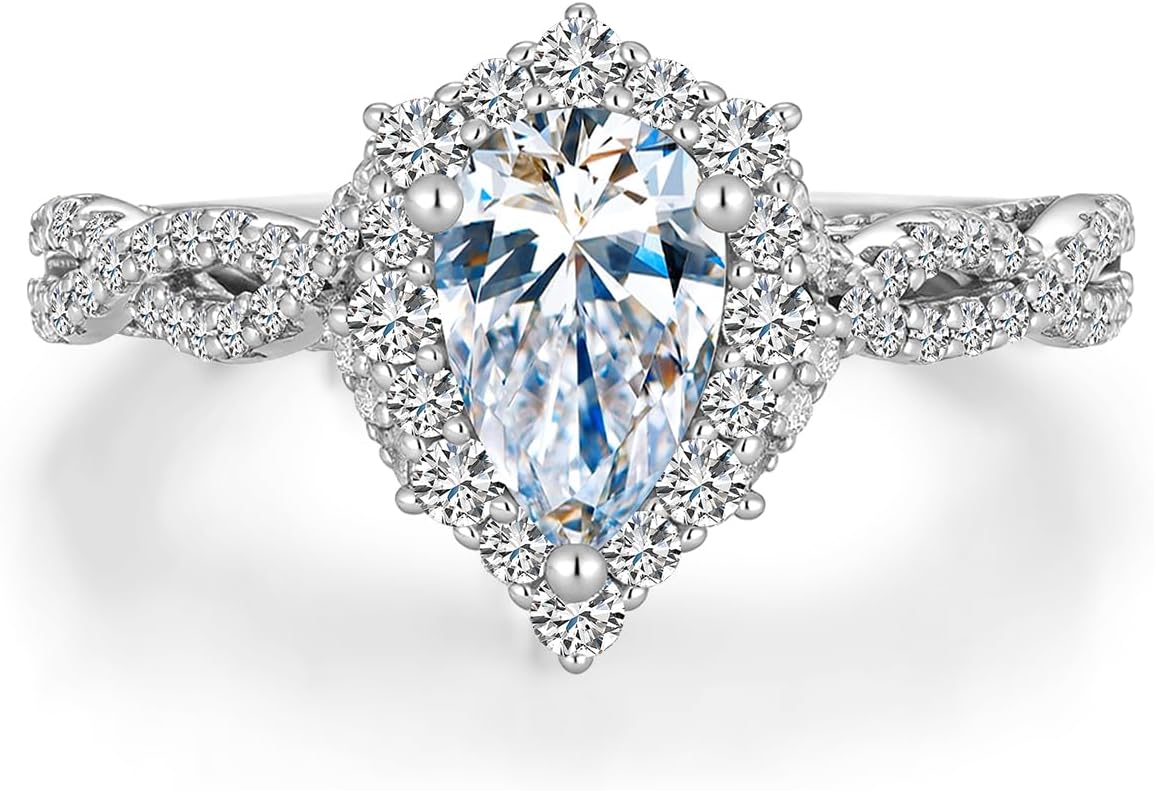 Pear-Shaped Halo Wedding Ring Set Sterling Silver Infinity Twist Bridal Sets,18K White Gold Platinum Plated 1-3/5 Carats Moissanite Teardrop Engagement Ring Set for Women Gift for Anniversary Birthday