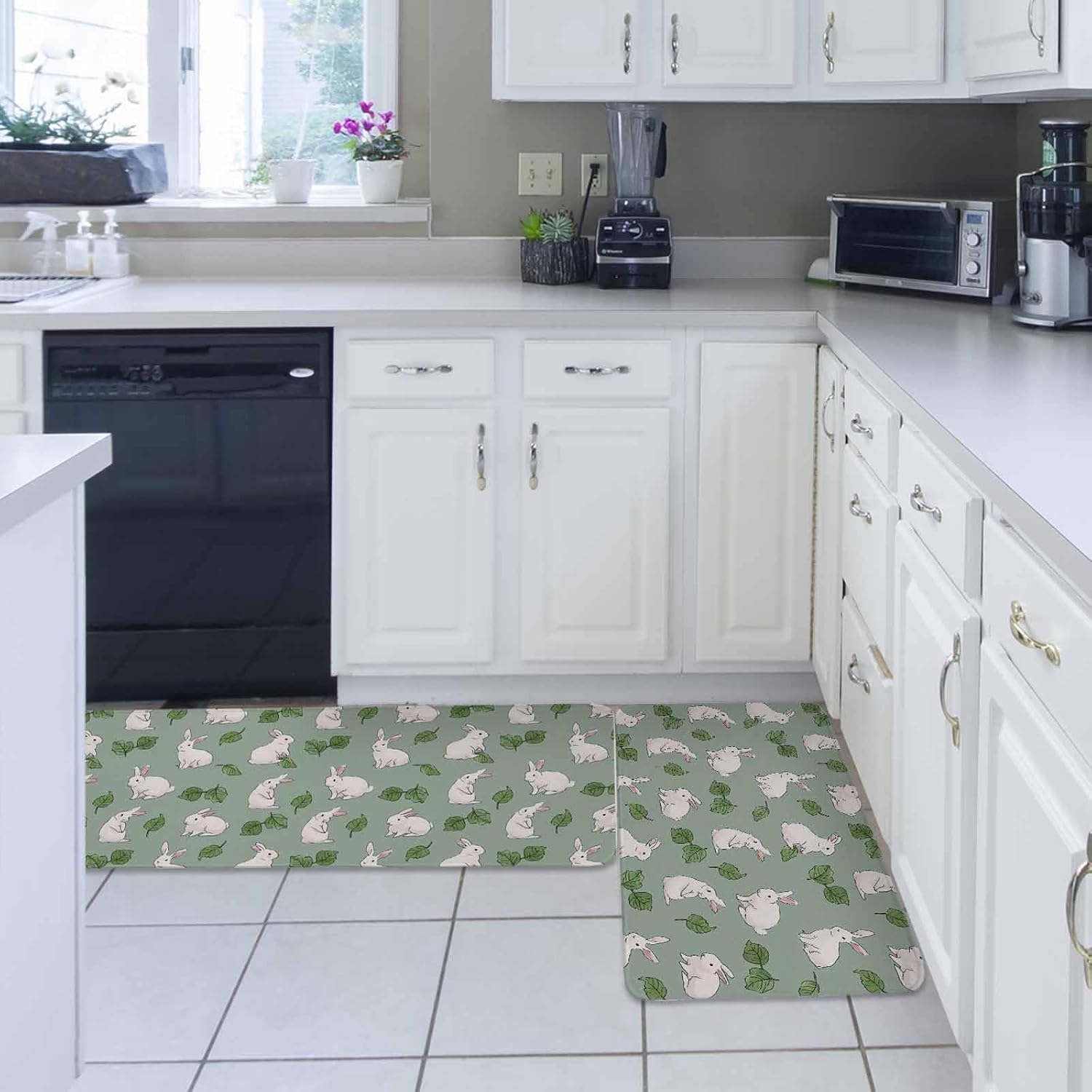 Cute Rabbits Kitchen Rugs and Mats Set of 2, Non-Slip Kitchen Sink Mat, Green Farmhouse Leaves Plants Cartoon Bunny Washable Doormat Bathroom Rugs Runner for Bedroom 23.6"x35.4"+23.6"x70.9"