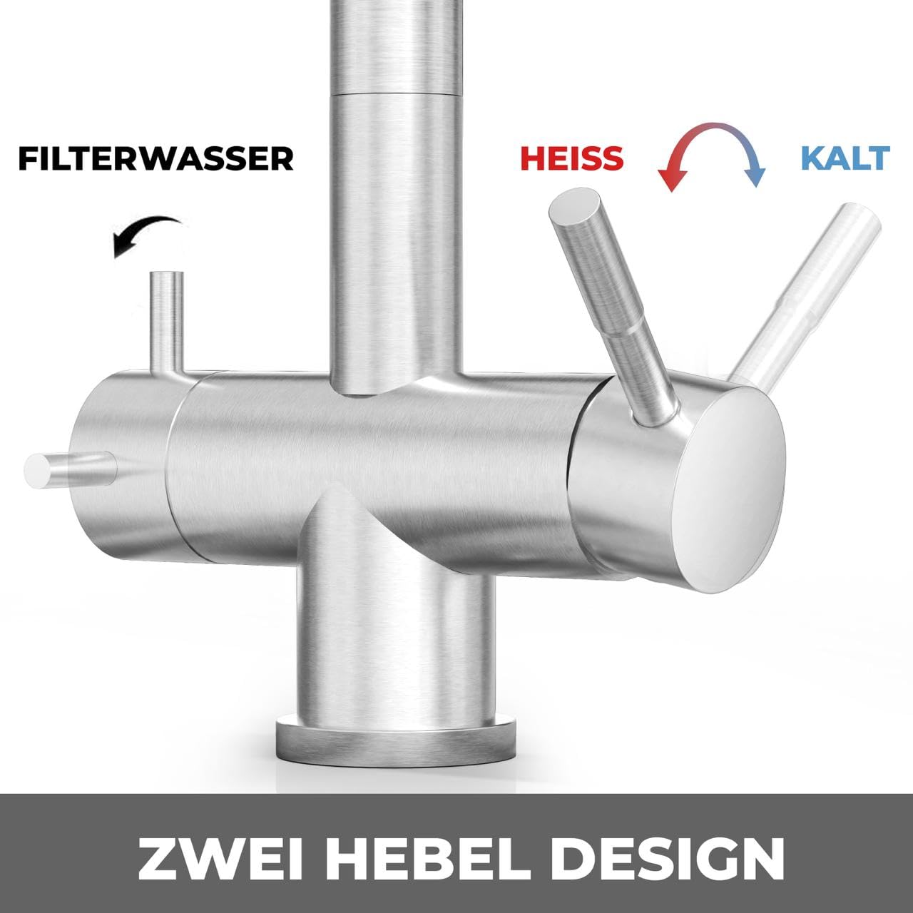 Neues Wasser Group Louis Inox Grifo para fregadero de cocina giratorio 360°, grifo de acero inoxidable 304, sistema de filtro de agua por ósmosis inversa de 3 vías cepillado mate