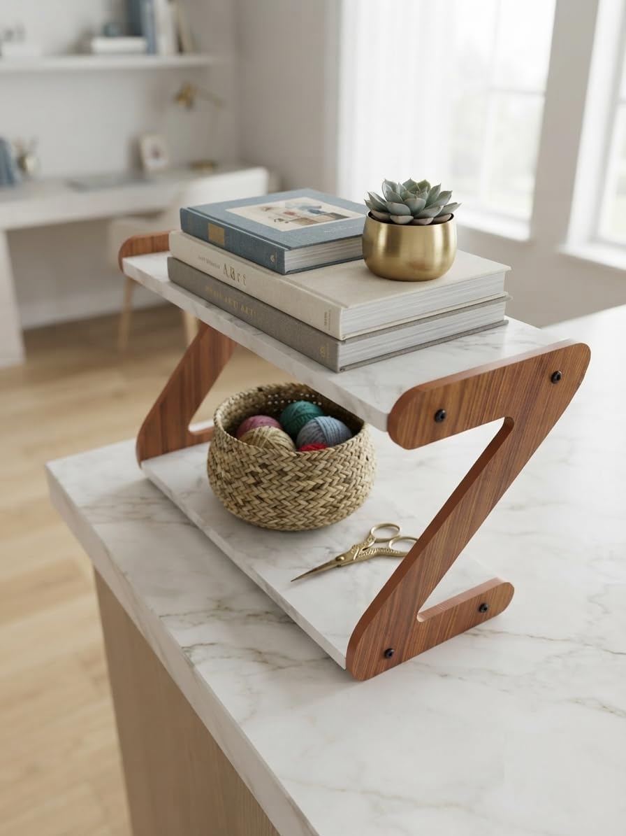 Multipurpose N-Style Wooden Shelf with Marble Finish Top, 2-Tier Countertop Organizer for Spice Boxes, Books, Kitchen Essentials, and Office Décor image 2