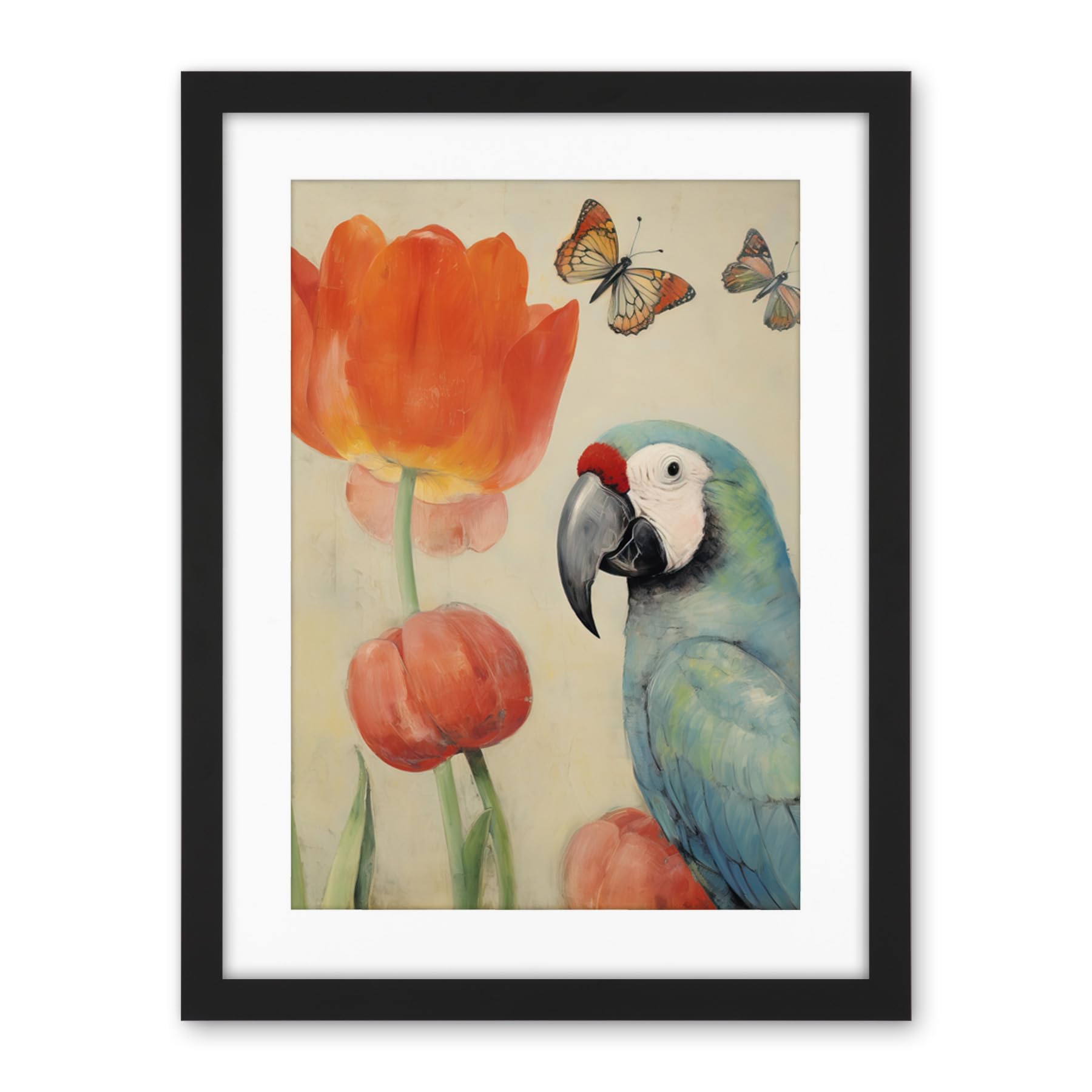 Artery8 Parrot and Tulips Flowers Butterflies Pastel Colour Artwork Floral Spring Oil Painting Artwork Framed Wall Art Print 18X24 Inch