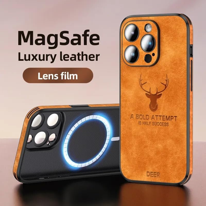 Shockproof Leather Magsafe-Compatible Deer Hunting Phone Case for iPhone 14 Pro Max, Magnetic, Wireless Charging, Camera Lens Protection Cover/Funda, A Bold Attempt (Brown)