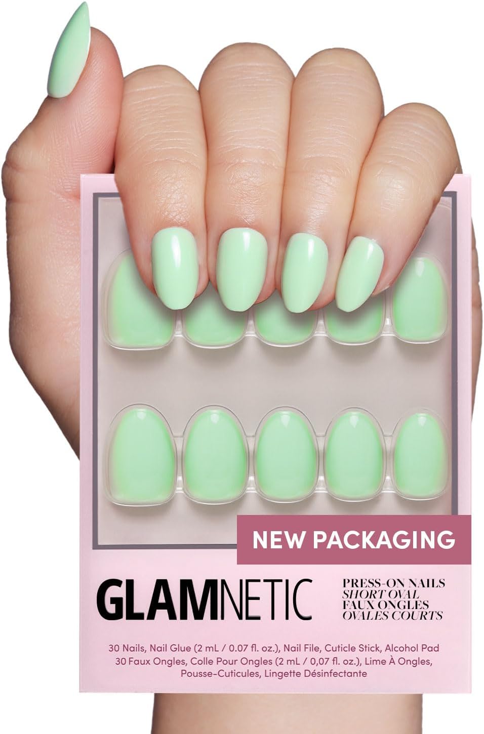 Glamnetic Press On Nails - Mint Green | Solid Opaque Pastel Green Short Oval Nails, Reusable | 15 Sizes - 30 Nail Kit