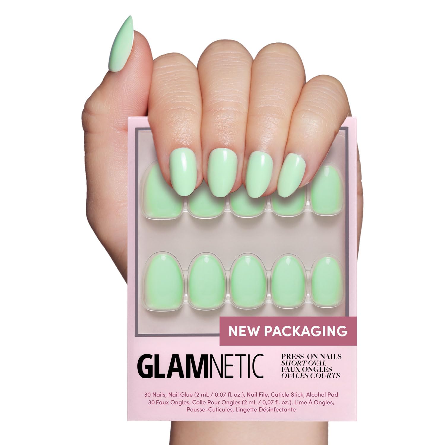 Glamnetic Press On Nails - Mint Green | Solid Opaque Pastel Green Short Oval Nails, Salon Quality | 15 Sizes - 30 Nail Kit