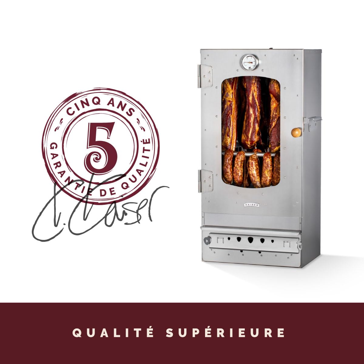 Fumoir KAISER COMPANY '50' en acier inoxydable de haute qualité, portable de 80 cm, pour fumer jusqu'à 10 kg de viande, chauffage au bois