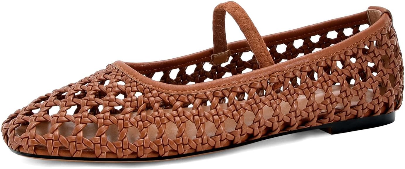 Woven Mesh Ballet Flats for Women Round Toe Mary Jane Flats Buckle Strap Ballerina Flats Comfortable Dress Casual Flat Shoes