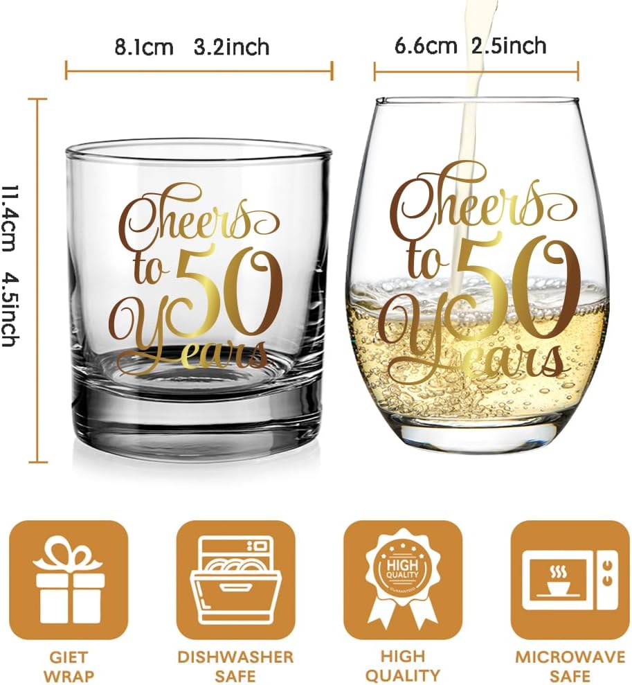 Cheers to 50 Years Wine & Whiskey Glass Gift Set, Gold Foil Design 50th Birthday Anniversary Wedding Valentine's Day Stemless Wine Glass Gifts for Grandparents Couple Men Women Wife Husband Parents128 - Image 2