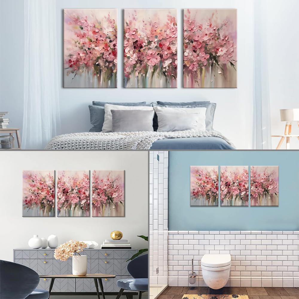 Piy Painting 3 Stück Groß Natur Bilder Wohnzimmer Modern, Rosa Blumenmuster Wandbilder Mit Rahmen,Wandkunst Leinwand Malerei, Leinwanddrucke Für Schlafzimmer Büro Kirche Wanddeko 57X40 cm
