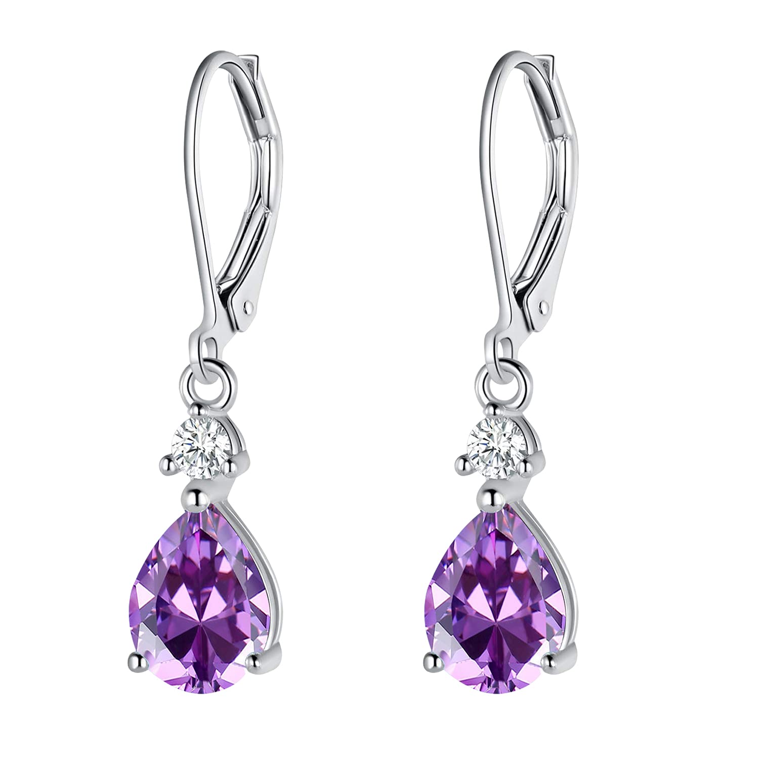 925 Sterling Silver Blue Topaz Amethyst Rainbow Quartz CZ Teardrop Leverback Earrings Drop Dangly Gemstone Earings Hypoallergenic Birthday