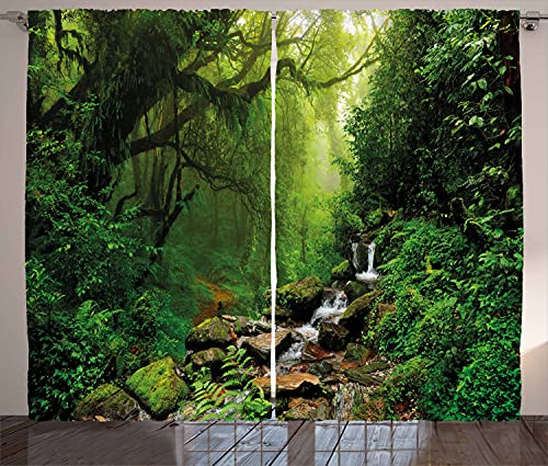 Free Shipping 🛒 Ambesonne Nature Curtains, Woods Idyllic Forest Greenland Dreamy Mystic Fresh Tropical View, Living Room Bedroom Window Drapes 2 Panel Set, 108 X 84, Green Emerald