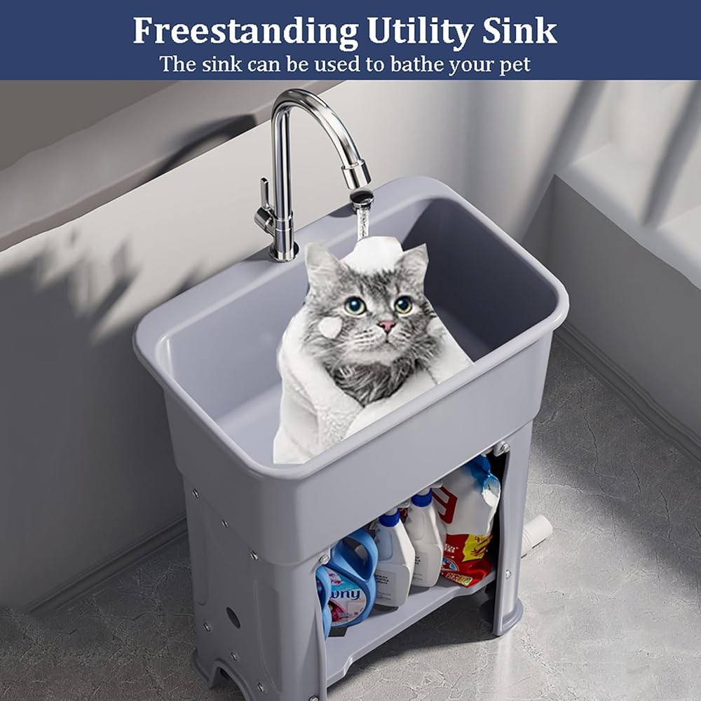 Fregadero De Plástico Independiente Con Tabla De Lavadero, Lavabo De Lavandería Y Lavadero Con Grifo, Fregadero De Utilidad Para Interiores Y Exteriores Con Mangueras De Bañera De Lavado Y Kit De
