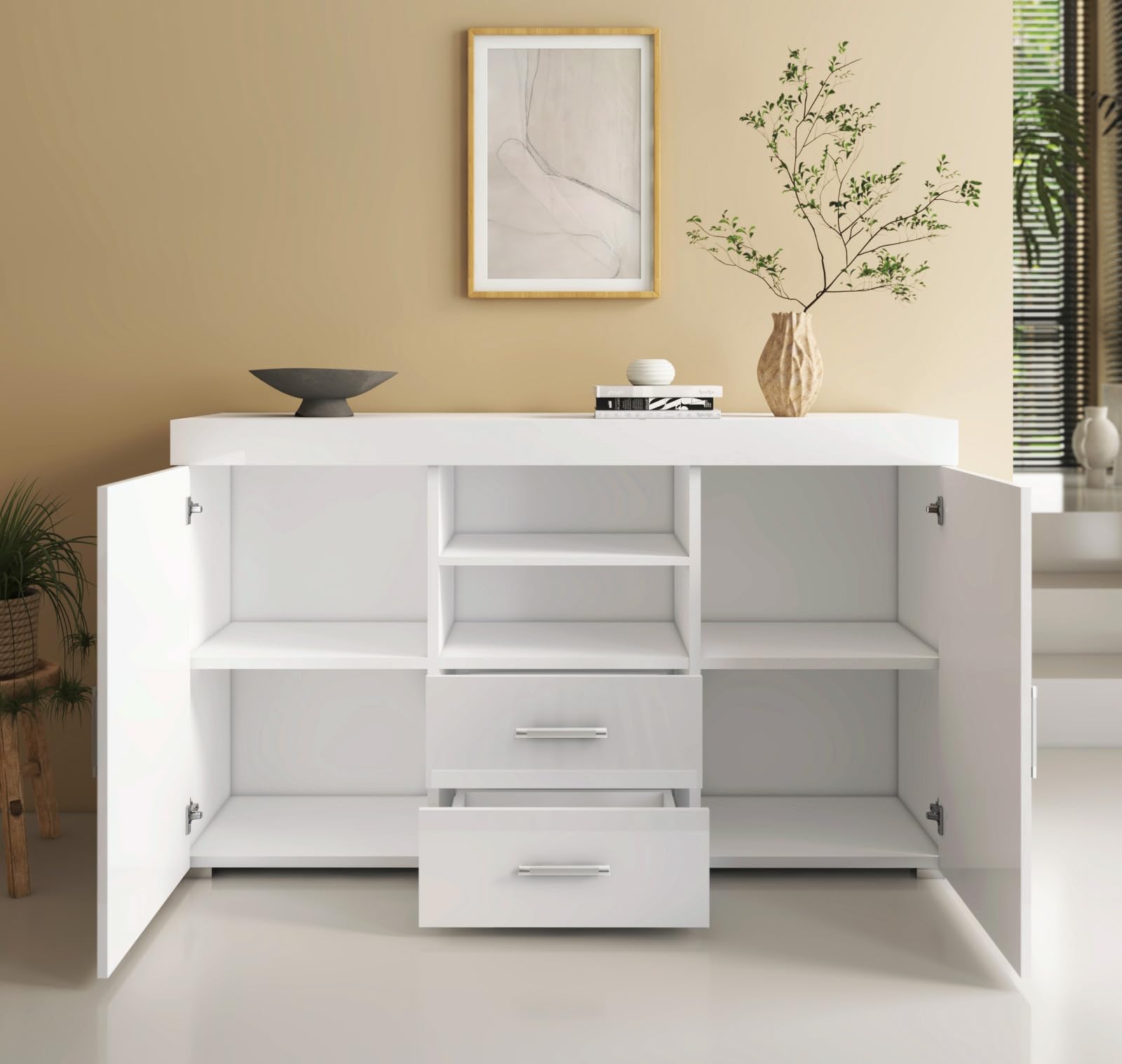 MB Muebles Bonitos | Aparador Roque | Mueble Auxiliar Moderno de Salón y Comedor con 2 Puertas, 2 Cajones y Estante | 140x82x40 cm | Melamina Brillo | Blanco