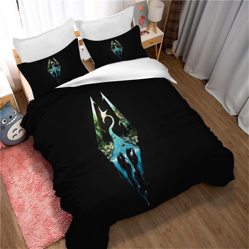 Ste-X 100% Reine Baumwolle, Elder Scrolls V Skyrim-Bettbezug-Set Mit Verstecktem Verschluss, 3-teiliges, Weiches Wohnaccessoire-Bettset Mit 1 Bezug Und 2 Kissenbezügen (TESVS 06,135x200cm)