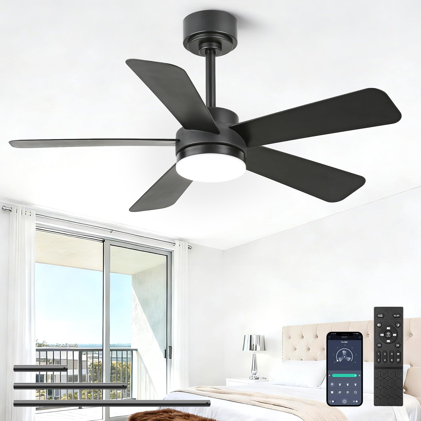 YYEHON 42 inch Ceiling Fans with Lights,Black Ceiling Fan with Light and Remote Control, Reversible, 3CCT, Dimmable, Noiseless, Small Ceiling Fan for