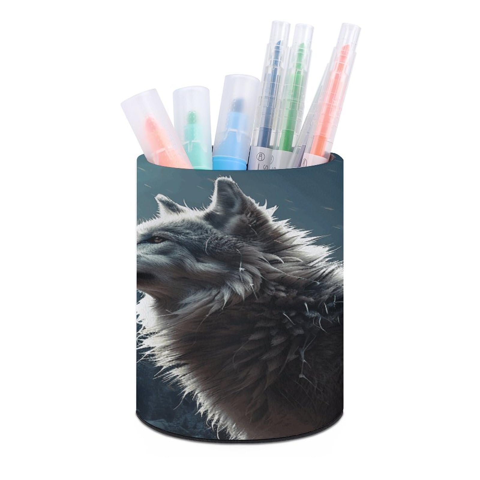 VstaDank Wolf at Night Pen Holder PU Leather Pencil Cup Minimalist Desk Pencil Holder Round Make Up Brush Organizers For Office Dorm Room&Vanity Desk Accessories