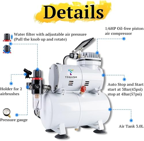 Miniatura 2 de Compresor de aerógrafo con tanque 100-120V 60HZ regulador, trampa de agua, compresor de aire portátil con soportes,enchufe de EE. UU