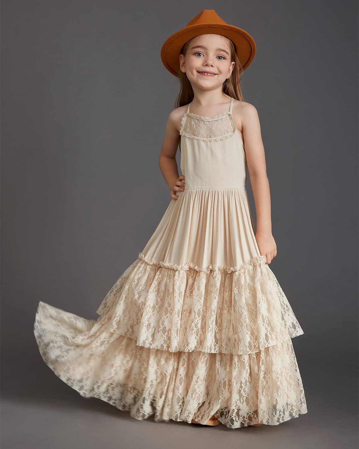 Girls Kids Lace Back Full-Length Backless Tulle Party Holiday Flower Girl Dress Size 4-14