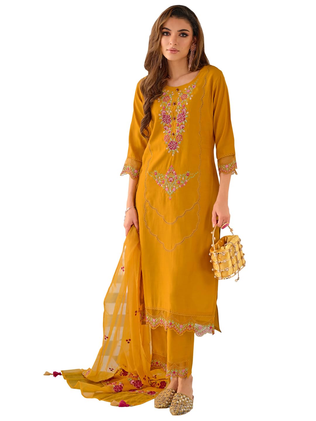 VredeVogel Women's Silk Blend Embroidery Regular Kurta Pant Set With Inner & Organza Dupatta