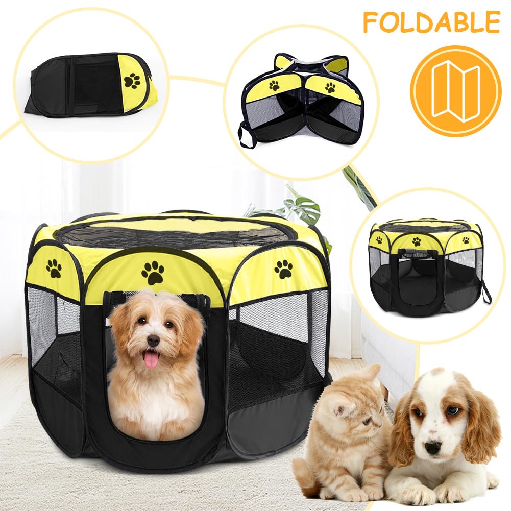 Recinto Cani da Interno, 74x74x43cm Recinto per Gatti, Box Pieghevole per Cane, Gabbia per Gatto Esterno, Box per Cucciolo Gattini Conigli, Giallo