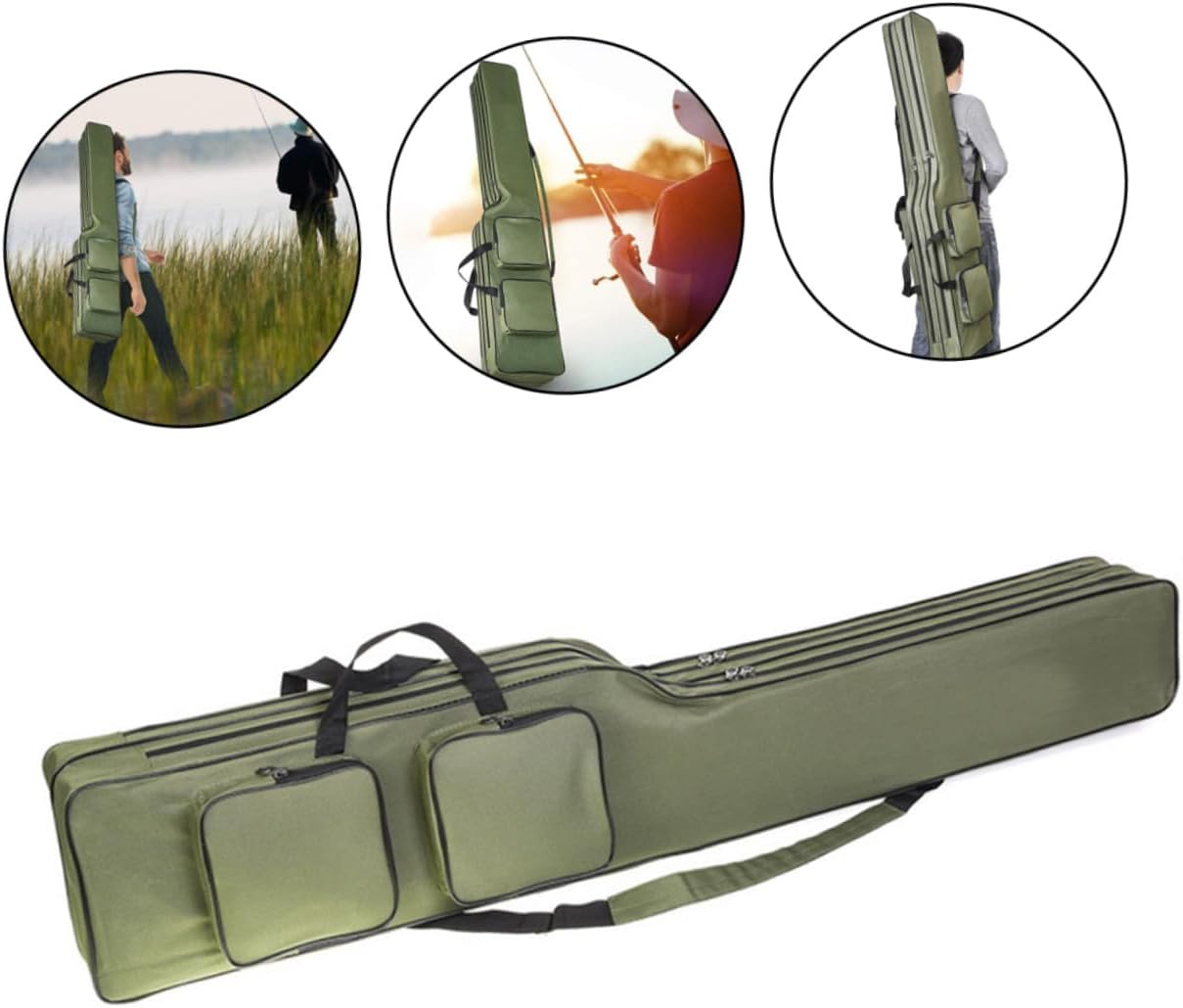 Fishing Rod Bag Waterproof Canvas Fishing Pole Carrying Case 1. Military Green Portable Storage Pouch for Outdoor