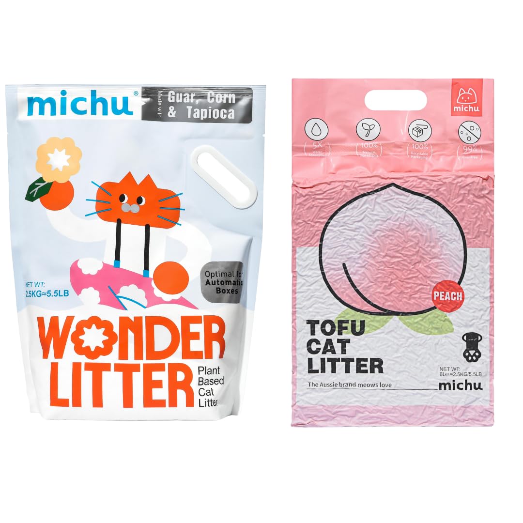Michu Tofu Cat Litter Natural Clumping Tofu Cat Litter 5.5lb/88oz 5 Scents (Peach + Wonder Litter, 2 Pack)