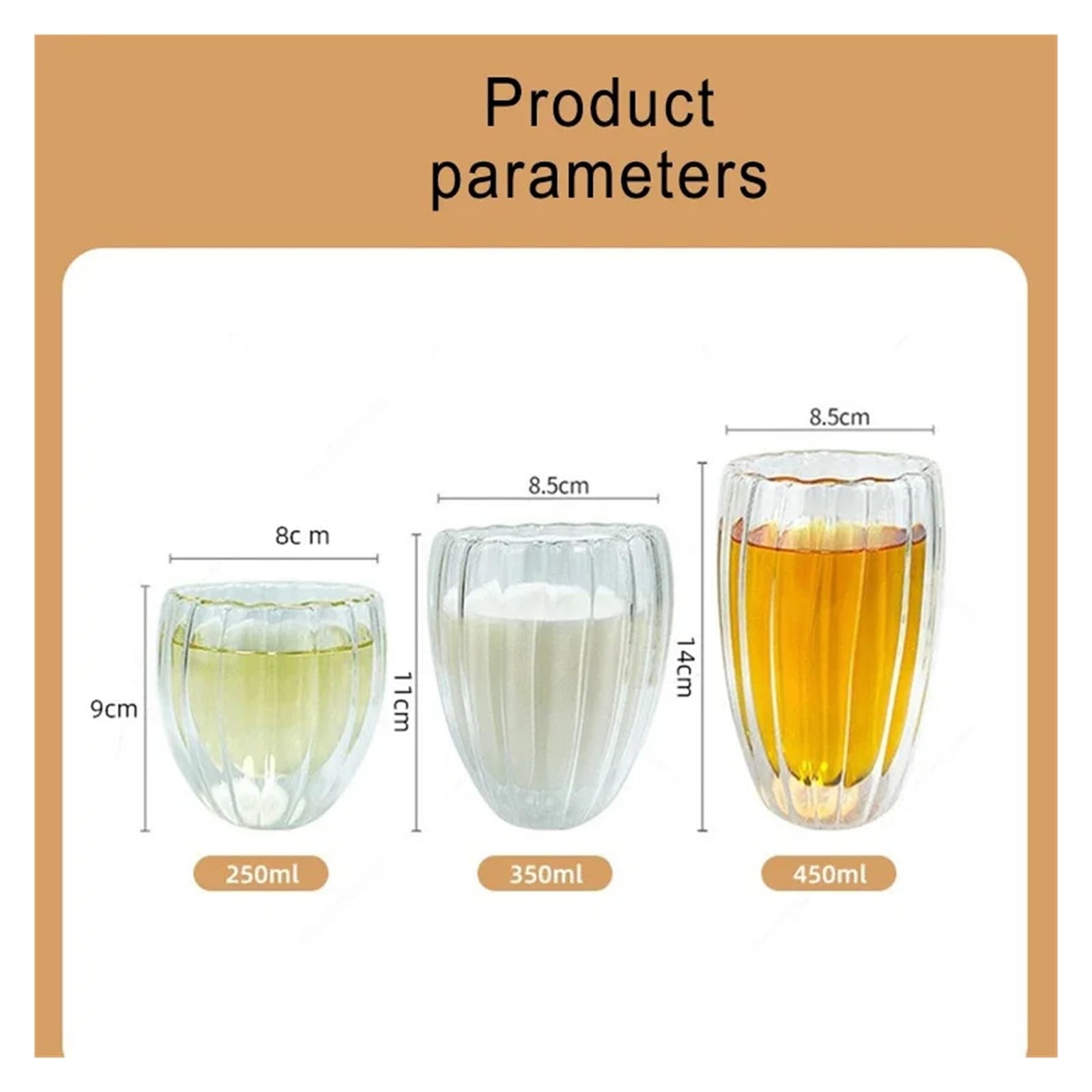 Vasos De Cristal Agua Taza de café de doble pared de vidrio ondulado, taza de desayuno, té, leche, zumo, cerveza, agua, 250/350/450ml(350ML)