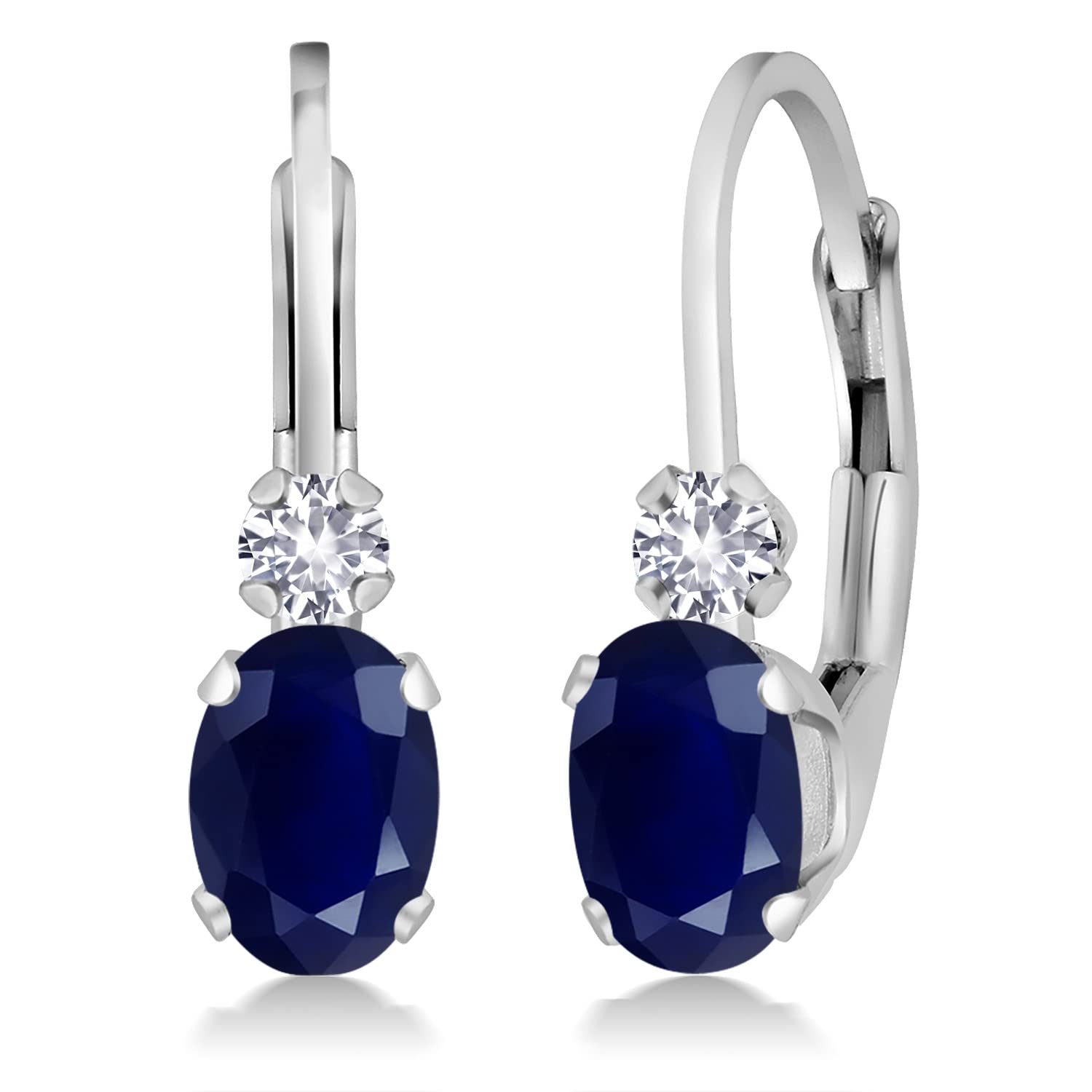 Gem Stone King 14K White Gold Blue Sapphire and White Created Sapphire Leverback Earrings For Women 1 18