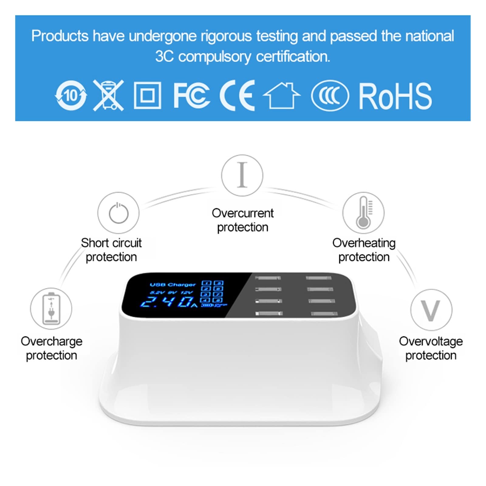 Caricabatterie USB, Display Digitale a 8 Porte Carica Rapida Adattatore di Ricarica Stazione Telefono Cellulare Domestica da Parete Compatibile con Il Caricabatterie Sicuro