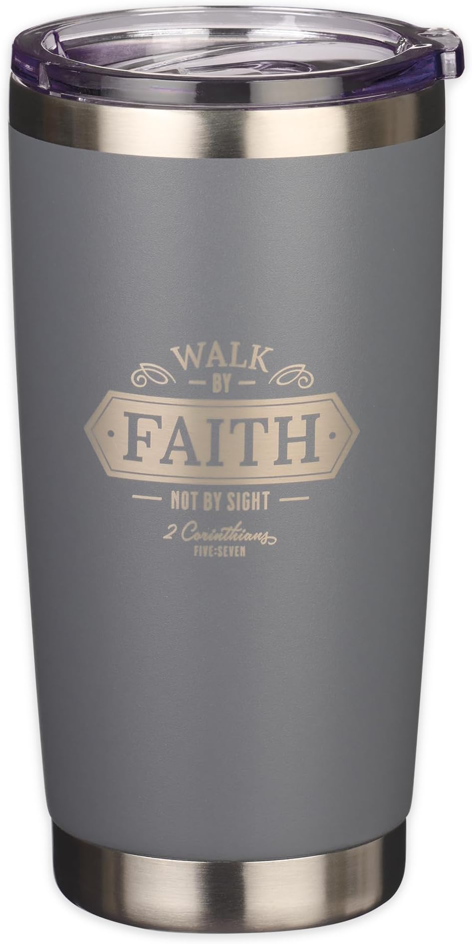 Christian Art Gifts Stainless Steel Double Wall Vacuum Insulated Tumbler Travel Mug for Men & Women: Walk by Faith - 2 Cor. 5:7 Bible Verse, Non-toxic, BPA-free, Clean Hot/Cold Drinkware, Gray, 18 oz.