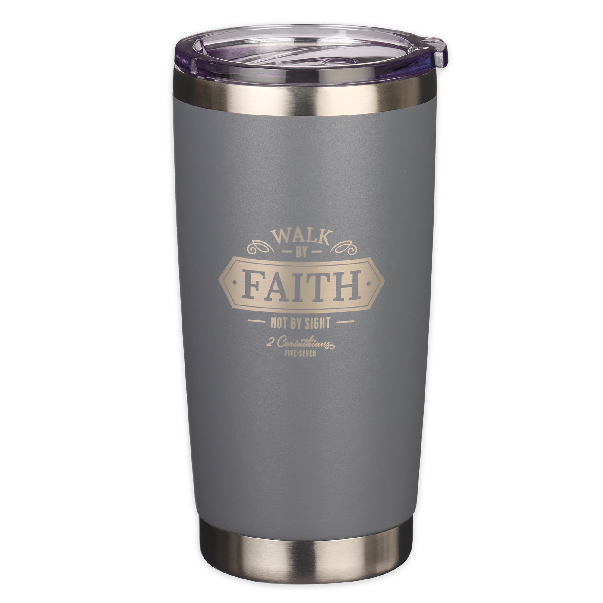 Christian Art Gifts Stainless Steel Double Wall Vacuum Insulated Tumbler Travel Mug for Men & Women: Walk by Faith - 2 Cor. 5:7 Bible Verse, Non-toxic, BPA-free, Clean Hot/Cold Drinkware, Gray, 18 oz.