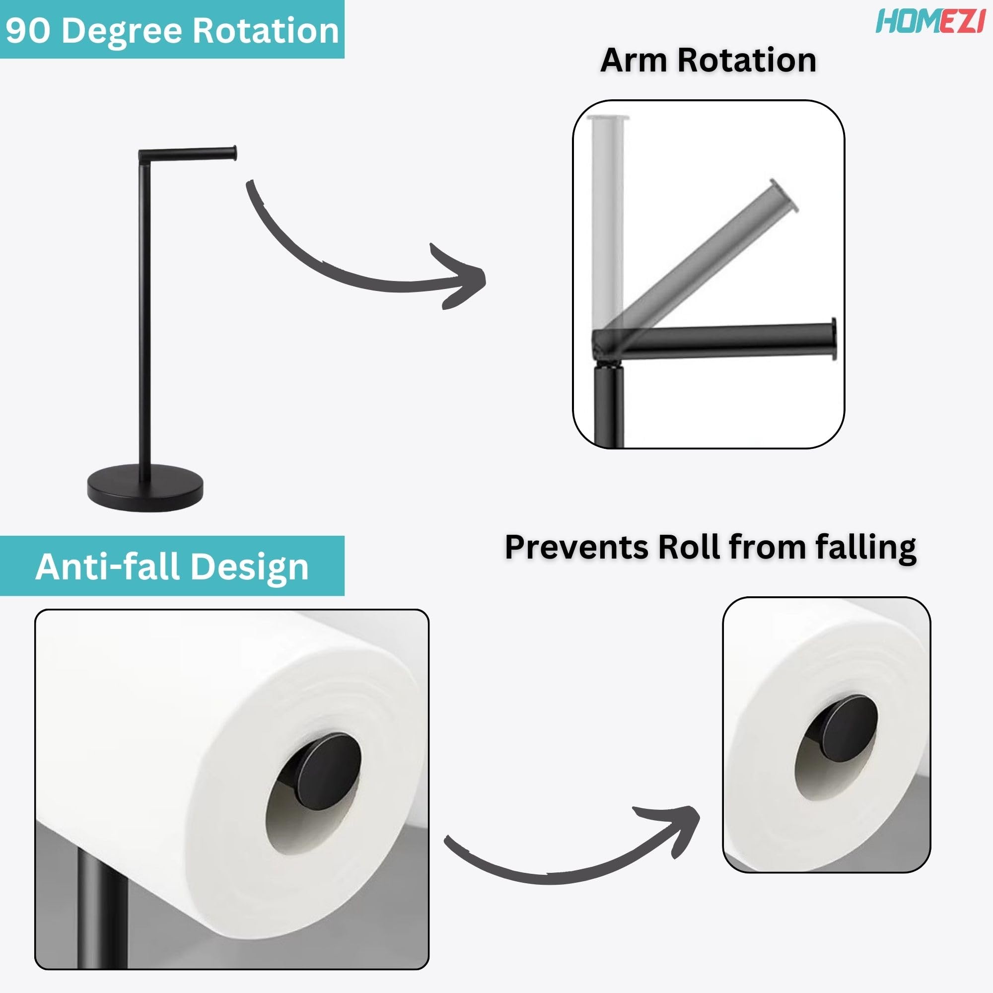HOMEZI Black Toilet Roll Holder Free Standing with HEAVY BASE Premium Toilet Roll Stand Stainless Steel loo roll holder for Bathroom 2 in 1 Holder and Storage for 5 Rolls - Image 3