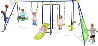 HONEY JOY 8-in-1 Outdoor Swing Set, Heavy-Duty Swing Stand with A-Shaped Metal Frame, 2 Swings, Glider, Gym Rings, Slide, Monkey Bar, Basketball Hoop, Soccer Goals, 300 KG Kids Play Equipment (Blue)