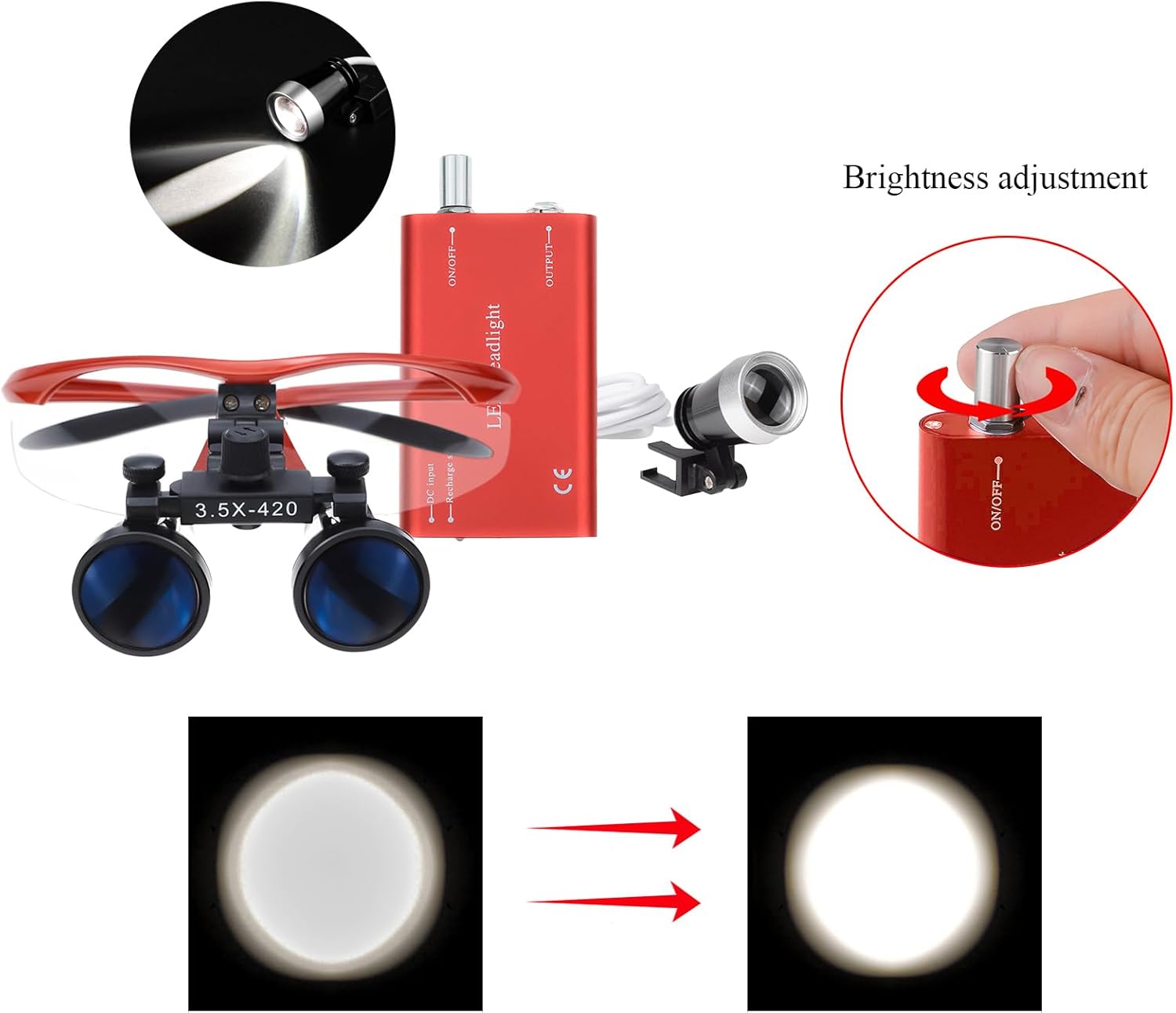 Lab Magnifier 3.5X 420MM Binocular Loupes Black Len Cone with LED Headlight HeadLamp (Red)