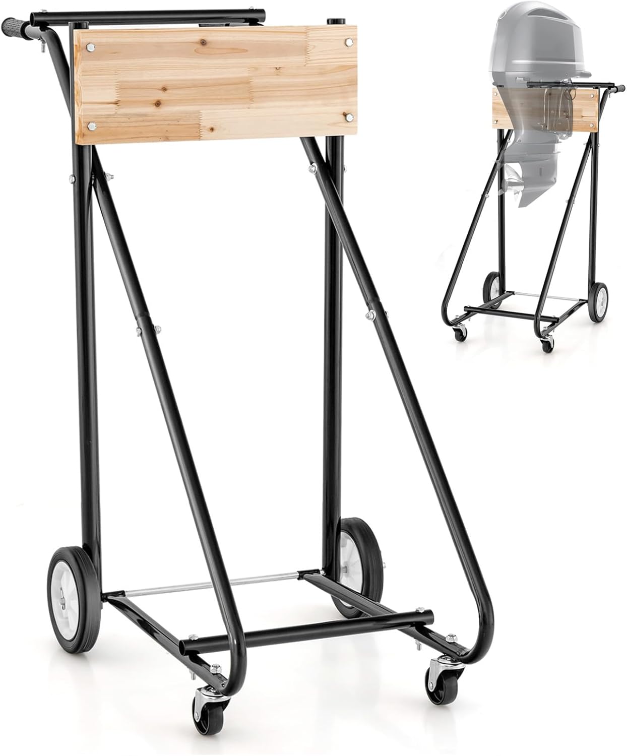 Outboard Boat Motor Stand, 330 LBS Heavy Duty Engine Carrier, Portable Cart Dolly with 4 Wheels for Storage, Motor Transportation & Repair Maintenance, Outboard Motor Stand (Black & Natural)