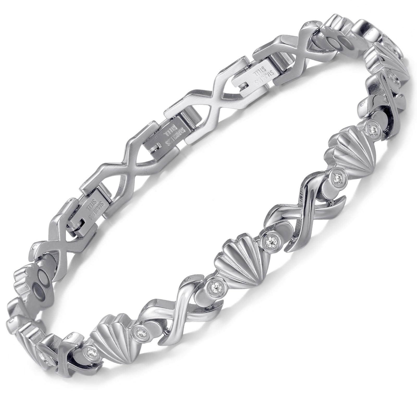 RainSo Bracelet magnétique pour femme - En acier inoxydable argenté - Motif coquillage incrusté de diamants - Aimant puissant de 3800 Gauss - Taille réglable - Boîte cadeau
