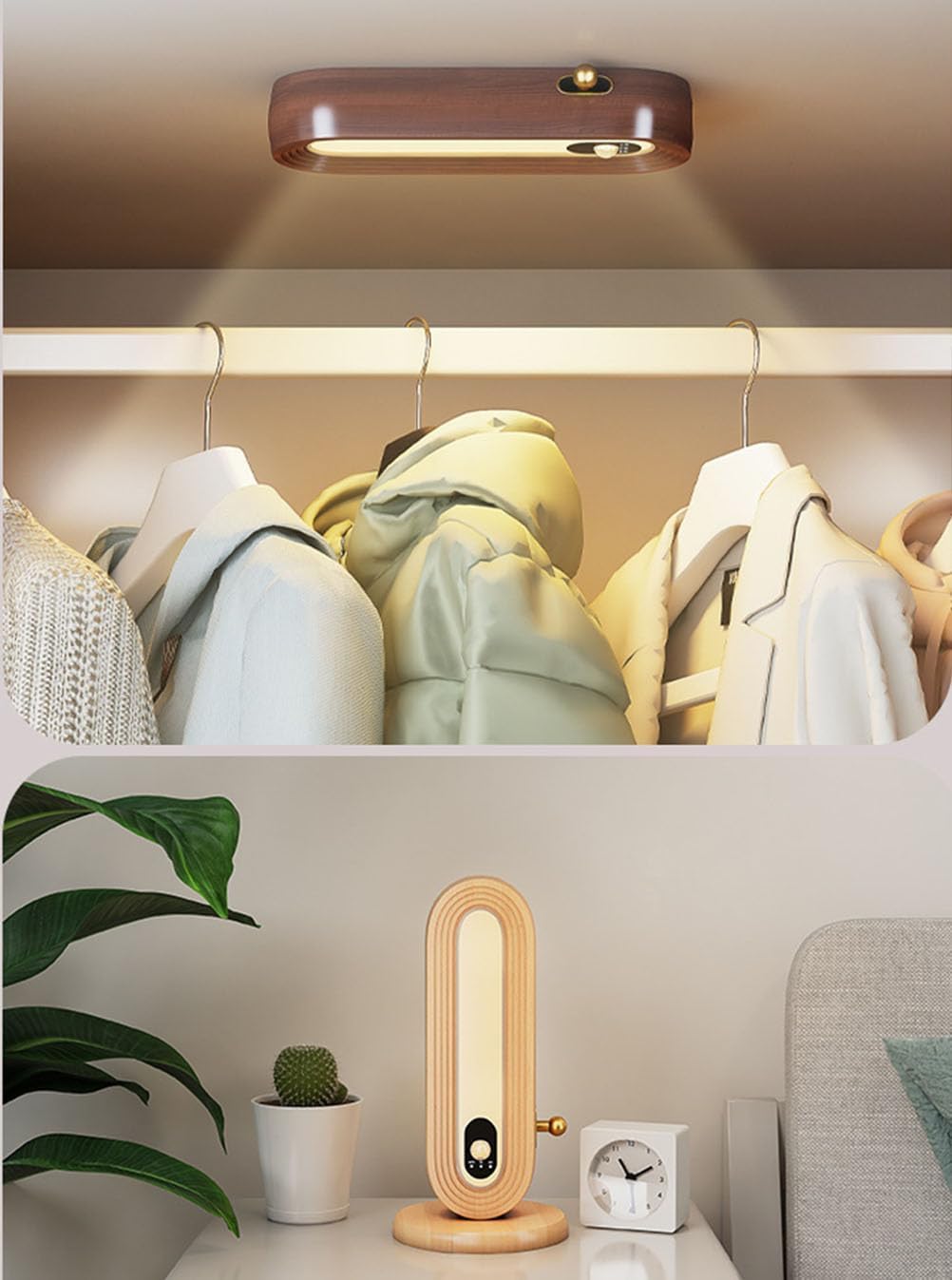 EaEa LED Kabellos Holz Tischlampe mit Bewegungsmelder, Akku Nachttischlampe Tischleuchte 4000K Warmweiß USB Aufladbar 3W Magnetisch Nachtlicht für Wand, Schreibtisch, Schlafzimmer, Treppenlicht,B