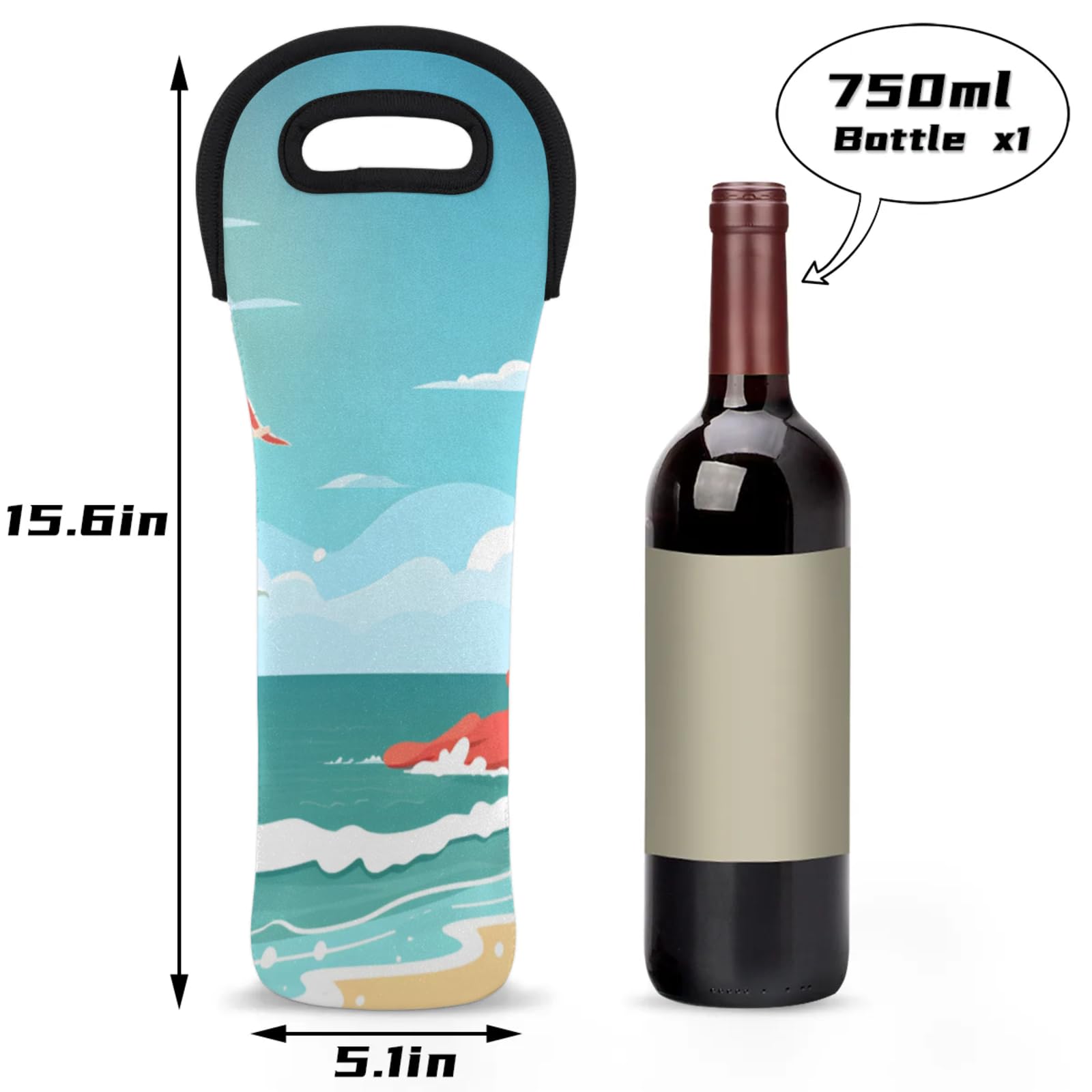 Neoprene Wine Tote Carrier Bag for Wine,Water, Champagne, Beer, Baby Bottles 15.6 x 5.1 Inches, Protective Wine Bag,Sandy Shore