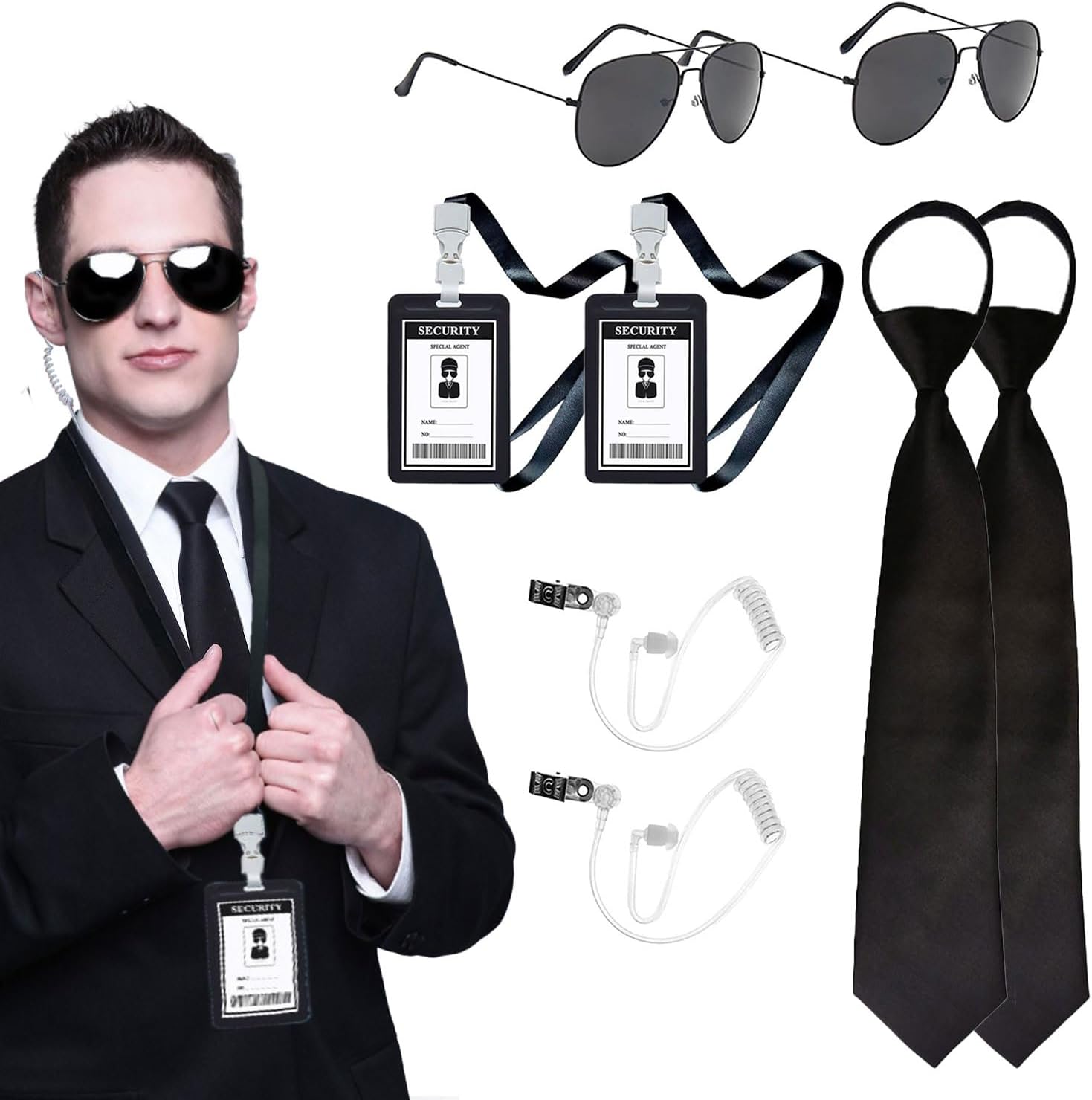 Agent Costume Accessory Set Secret Security Service Kit with Tie Sunglasses Earpiece for Women Men Cosplay PartyGame