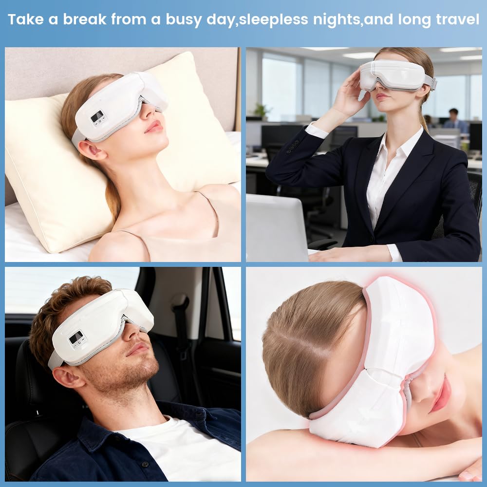 Masajeador de ojos con calor, máscara de masaje plegable con cinco modos de masaje, máscara de dormir recargable con música Bluetooth para ojos secos, relajarse, reducir la tensión, color