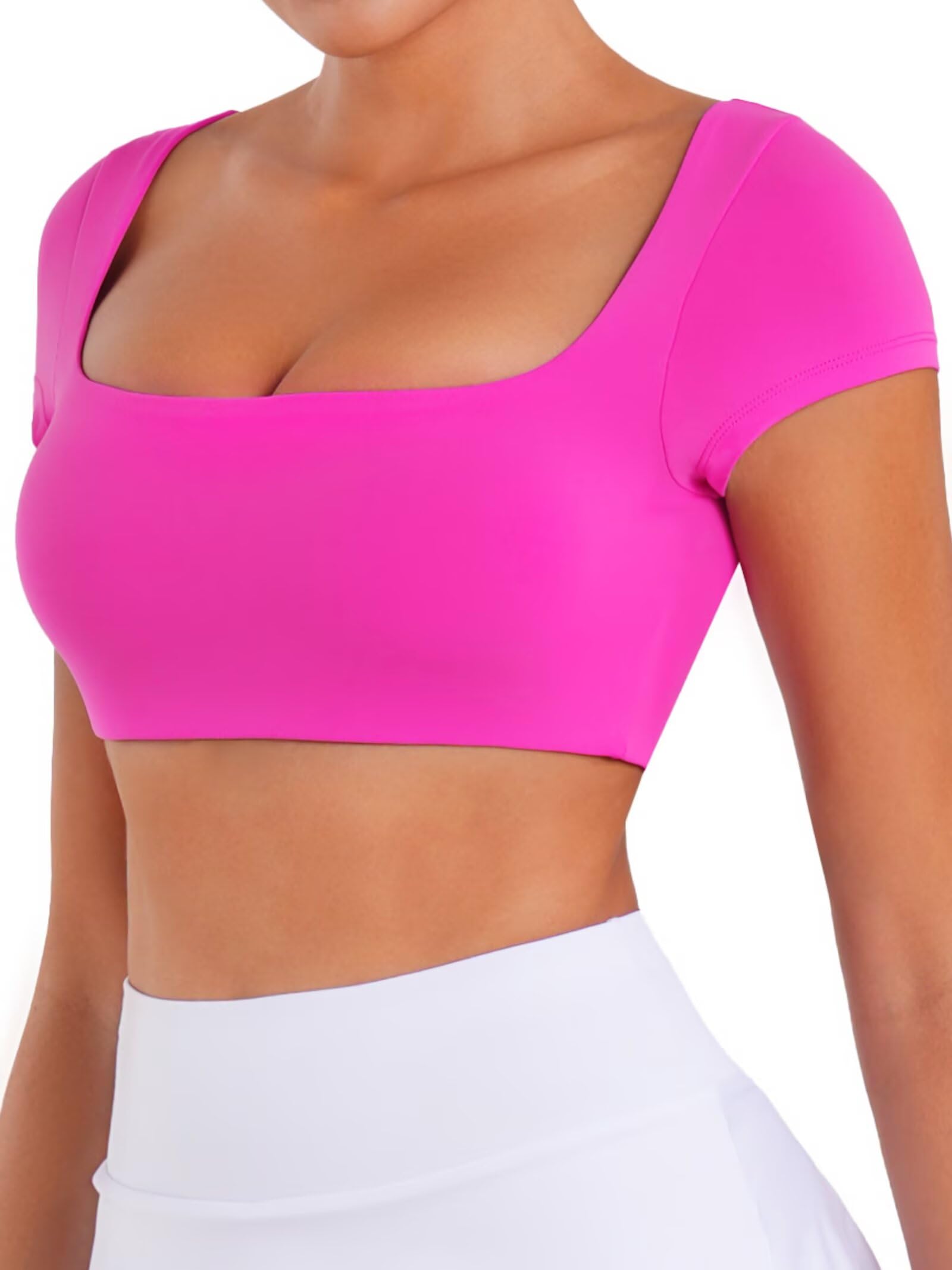 Sunzel Haut court à manches courtes pour femme avec soutien-gorge intégré, t-shirt athlétique de yoga, t-shirt décontracté ajusté avec rembourrage